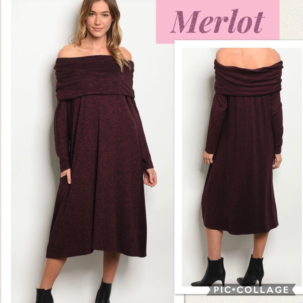 1 Left! Merlot Off The Shoulders Dress